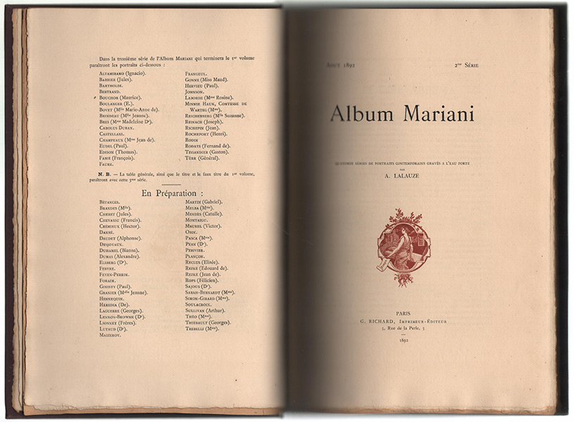 Page de titre de Album Mariani,Editions G.Richard, 1892, Paris, Edition rare en vente sur www.wanted-rare-books.com/album-mariani-figures-contemporaines-collection-vin-mariani.htm
