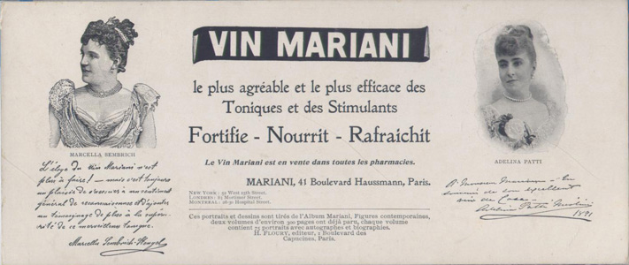 Buvard : publicité sur le Vin Mariani,1896  sur www.wanted-rare-books.com/vin-mariani-publicite-buvard-facture-medicament-pub.htm - Librairie on-line Marseille