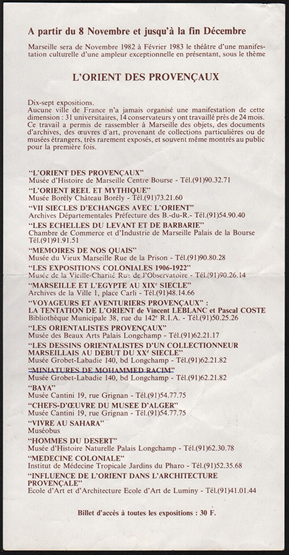 Le prospectus de l'exposition sur l'Orient des Provençaux qui eut lieu à Marseille, de Novembre 1982 à Février 1983 sur www.wanted-rare-books.com/l-orient-des-provencaux-photographie-affiche-depliant-prospectus-1982.htm